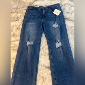 Classic Blue Distressed Straight Leg Jeans